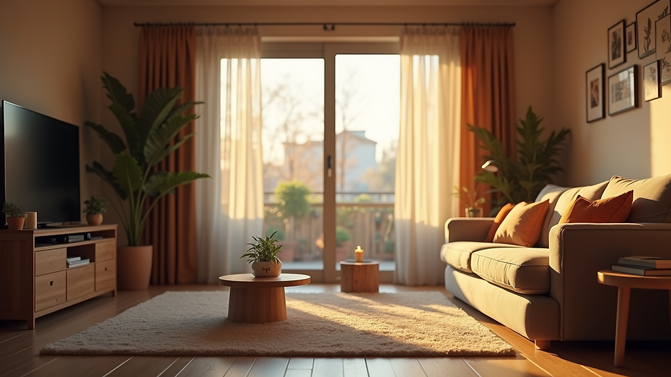 Eye-level view of a cozy family living room with a warm atmosphere