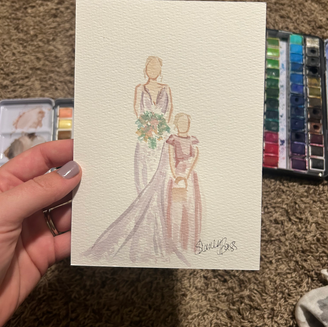 A watercolor painting of a bride and flower girl