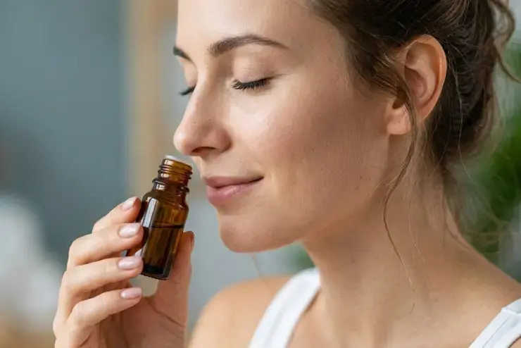Mulher cheirando vidro de óleo essencial