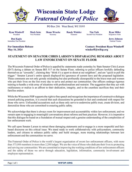 Wisconsin FOP Responds To Statements Made By State Senator Chris Larson