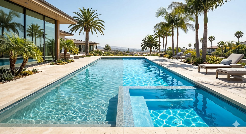 Clean residential swimming pool in Orange County illustrating well-maintained water conditions for both saltwater and traditional chlorine systems.