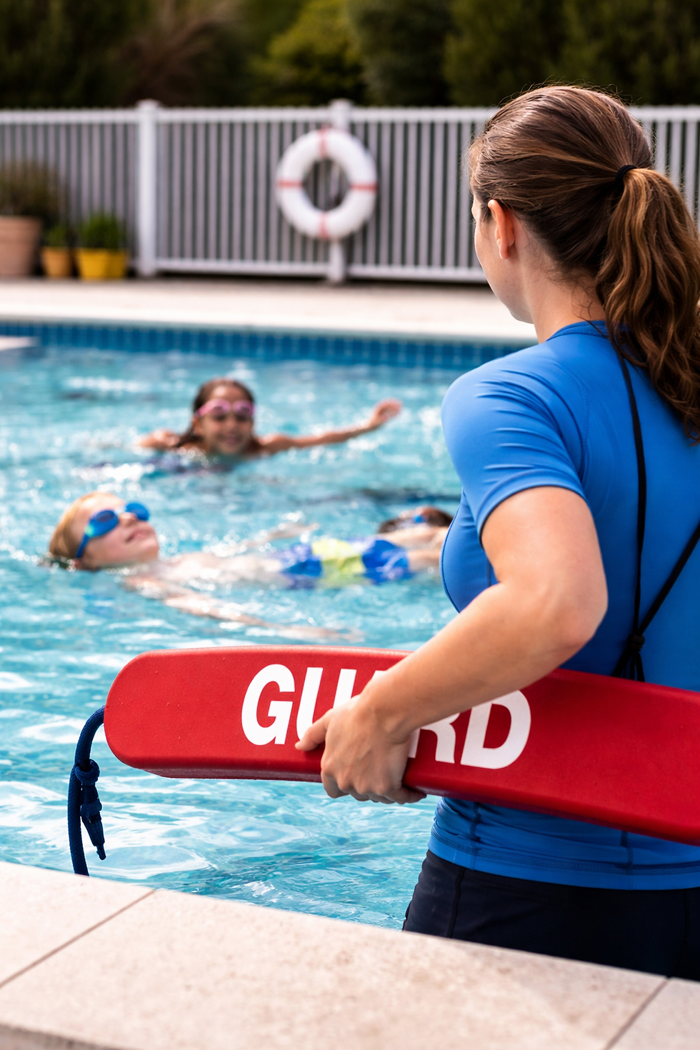 Swim instructor supervising children practicing floating and swimming skills in a pool with safety equipment nearby.