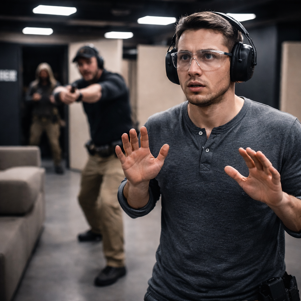 Student experiencing a freeze response during a scenario-based defensive training exercise at an indoor tactical training facility in Anaheim Hills.