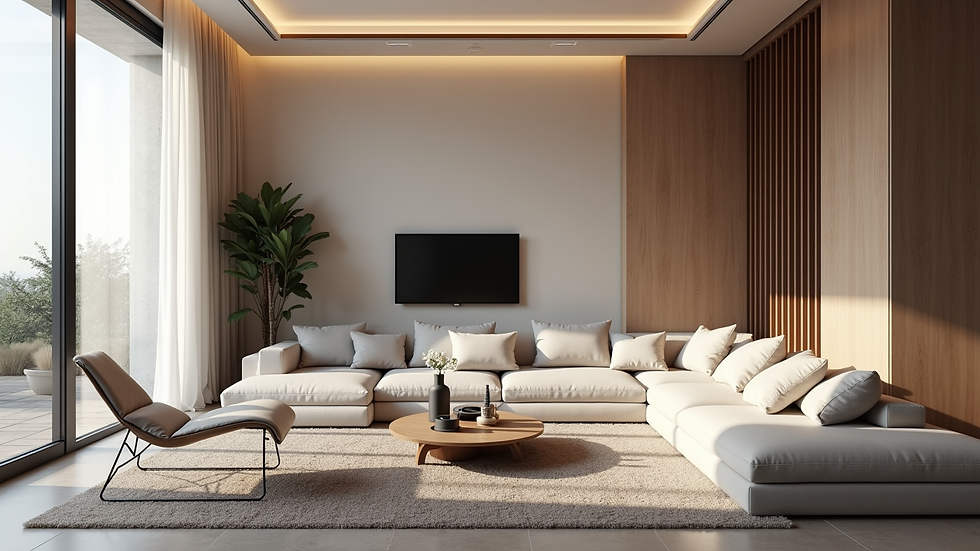 Eye-level view of a modern living room with virtual tour interface