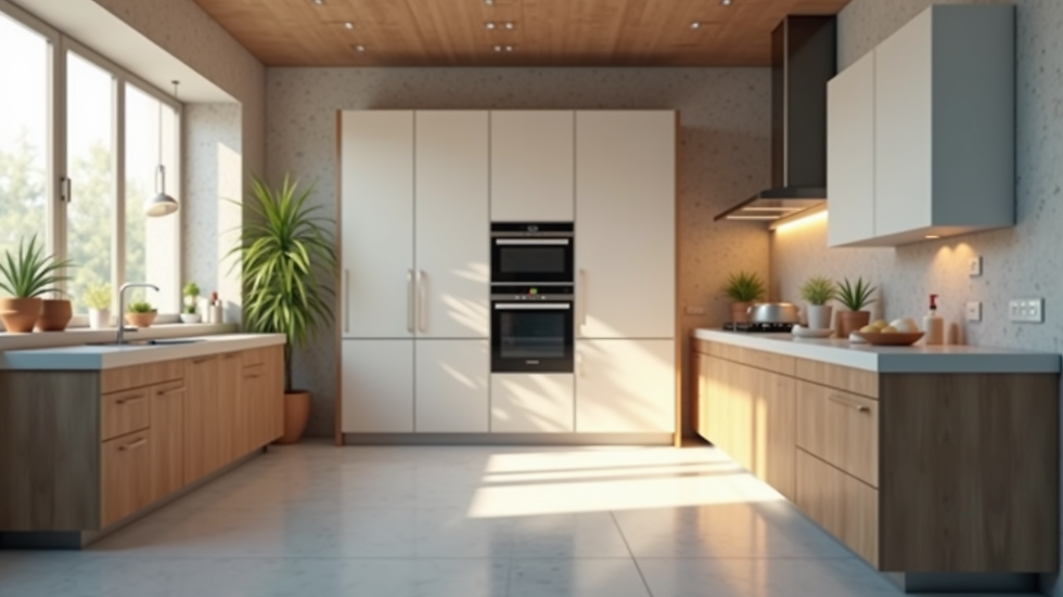 Close-up view of a 3D rendered kitchen interior with modern appliances and lighting