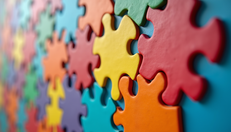 Eye-level view of a colorful puzzle piece wall representing autism awareness