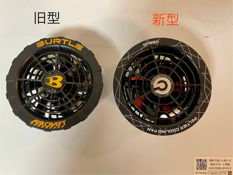 左に旧型のBURTLE製ファン、右に新型のGB-POWER GP980ファン。表側デザインの比較写真。