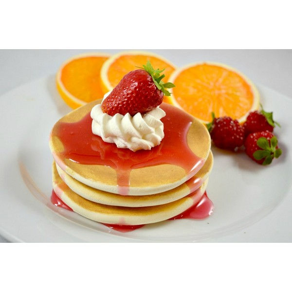 Pancakes with Strawberries, Whipped Cream and Strawberry Syrup
