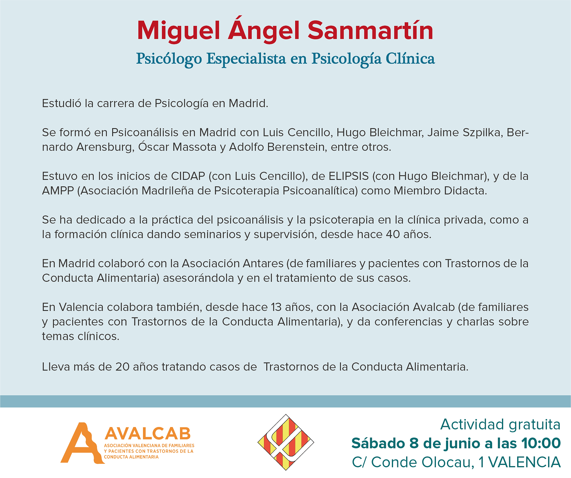 Cartel supervisión de casos clínicos Miguel Ángel Sanmartin TCA en el COP de Valencia por Sonia Sanmartn