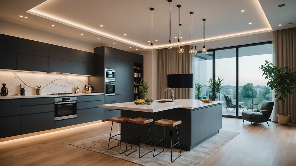 Eye-level view of a modern smart home interior featuring automated lighting and climate control