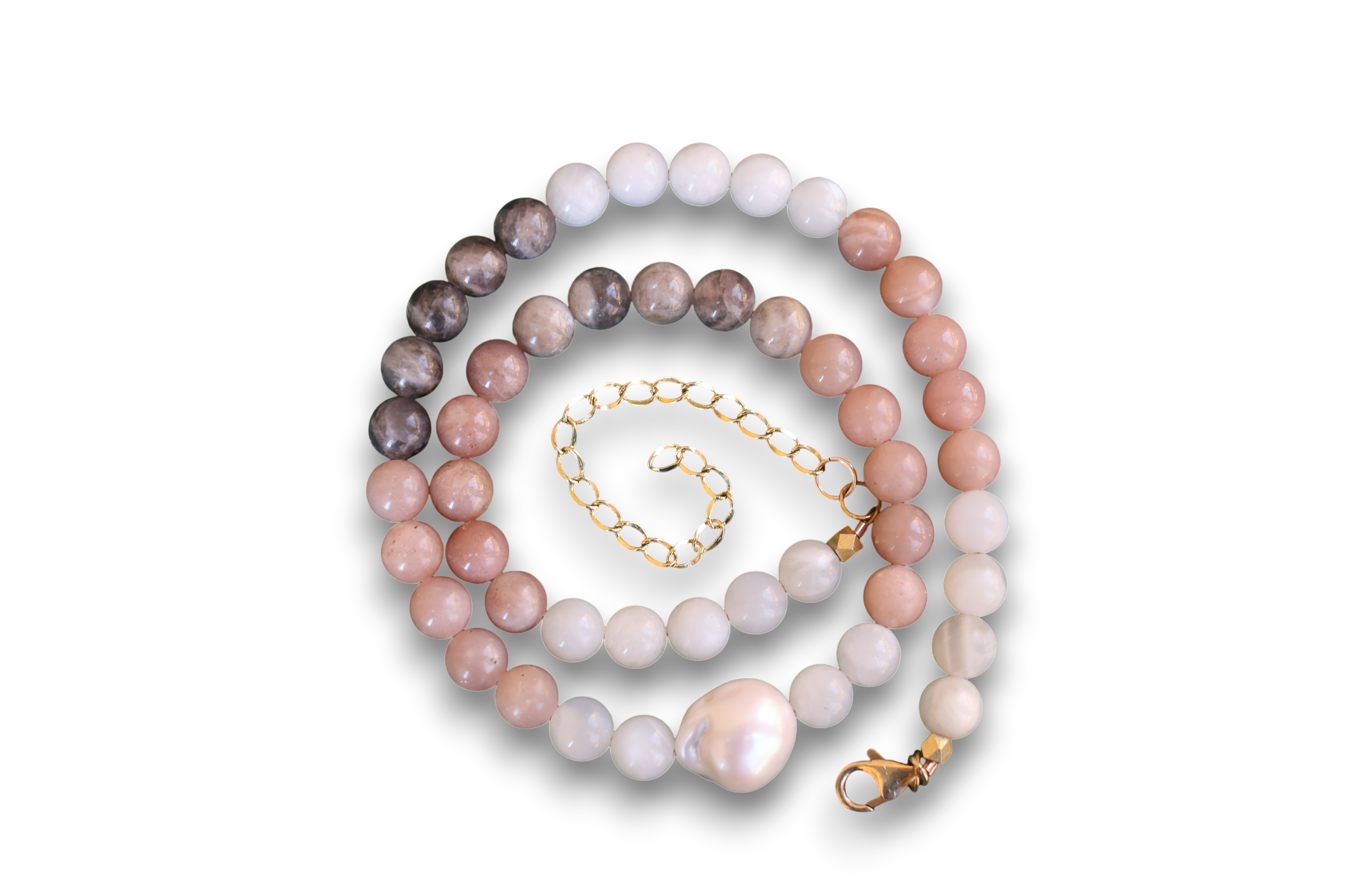 New Moon Necklace | Peach Moonstones + Baroque Pearl