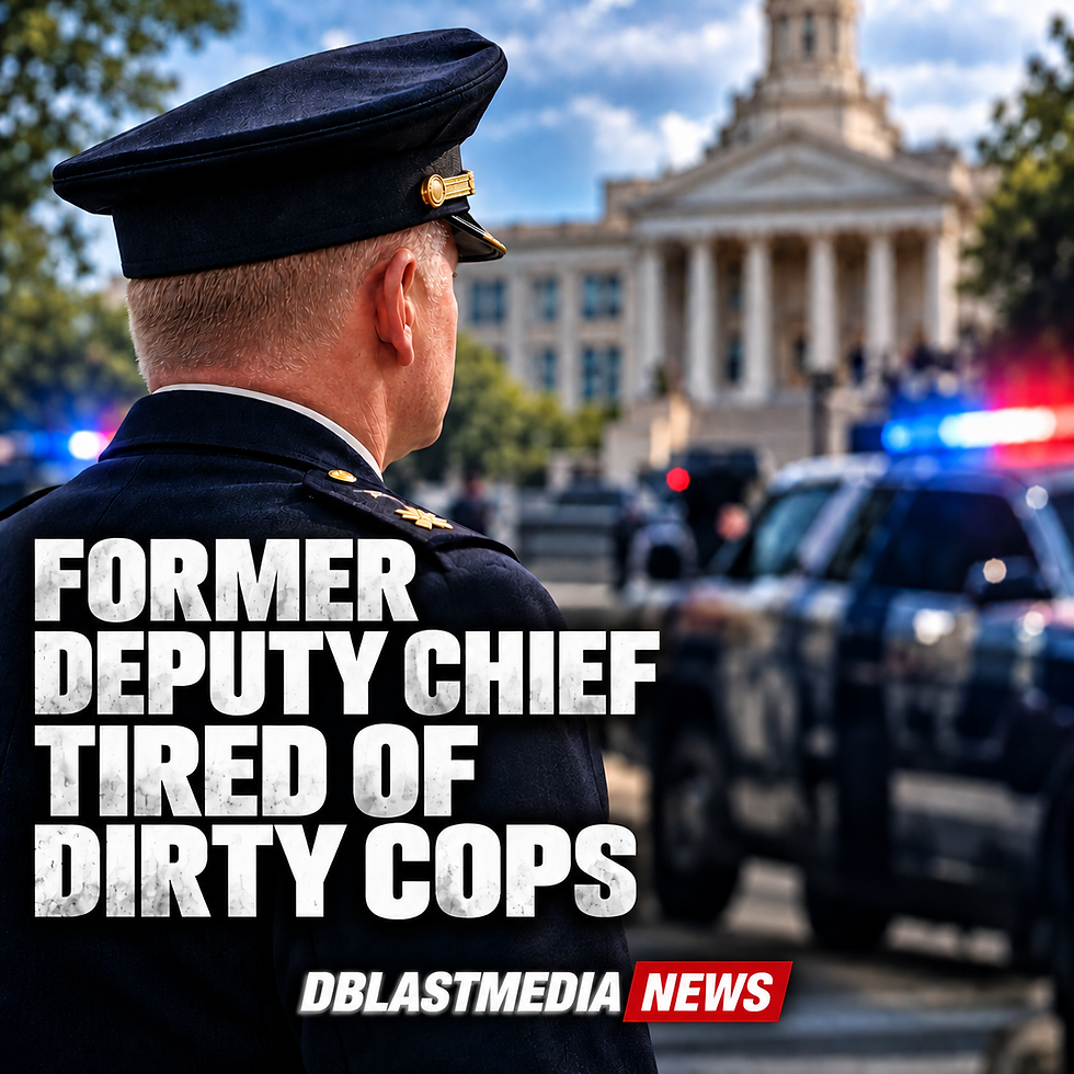 Graphic of uniformed deputy chief with police car and building in background.