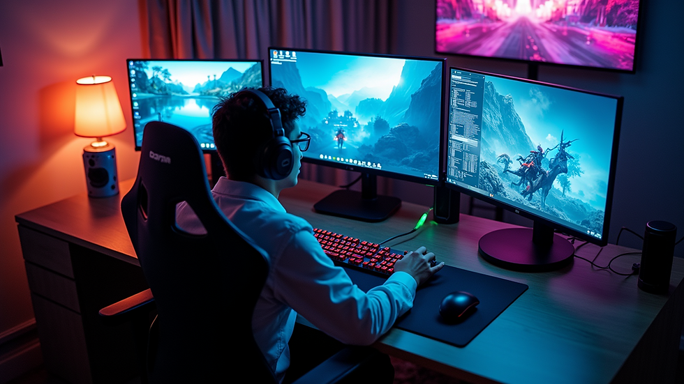 High angle view of a gaming setup with multiple screens