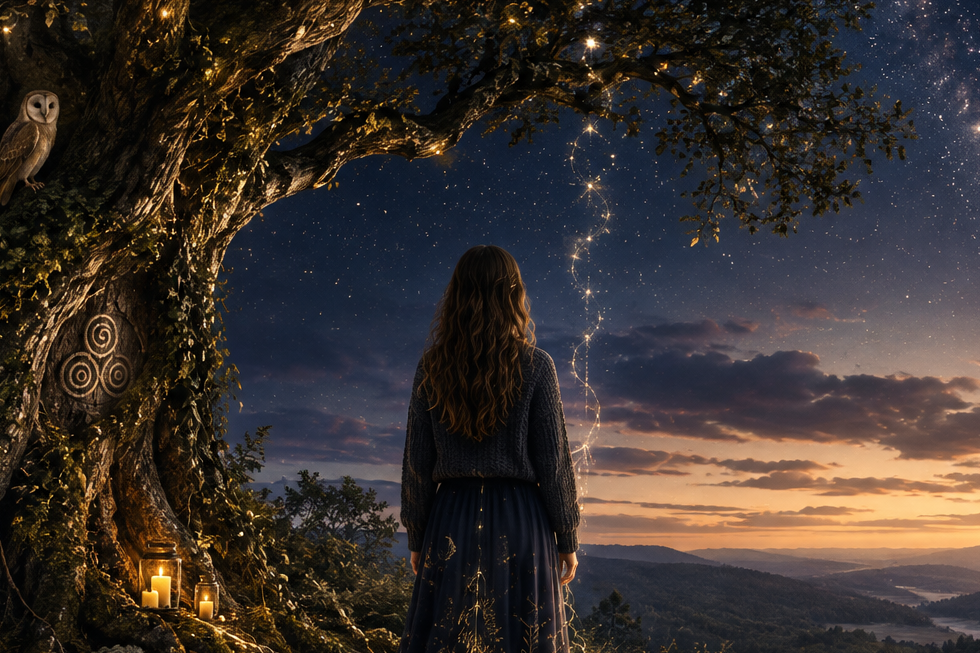 Woman standing beneath an ancient tree under a starry sky, representing grounding, reflection and spiritual wellbeing