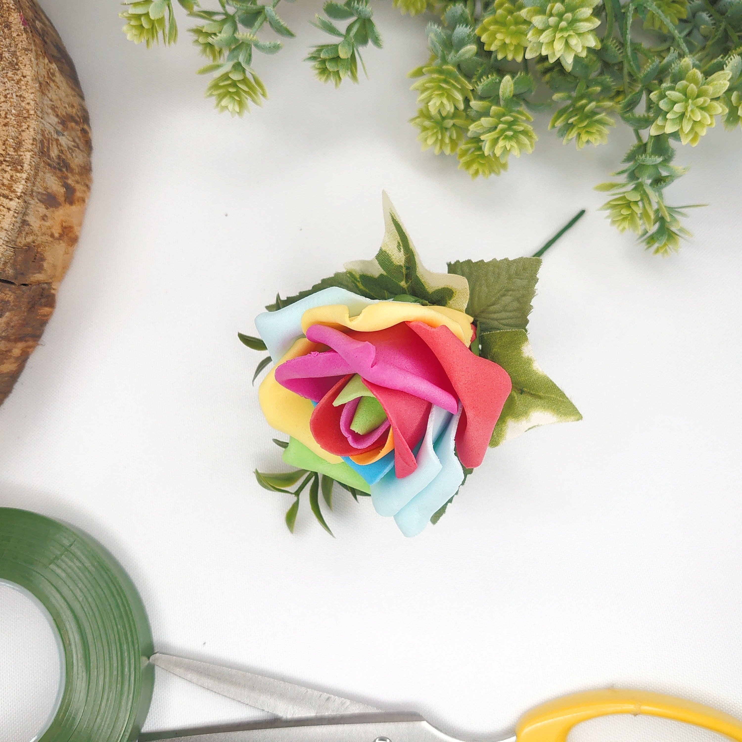 Rainbow Rose Floral Pin - Wearable on Lapel, Wrist or Handbag