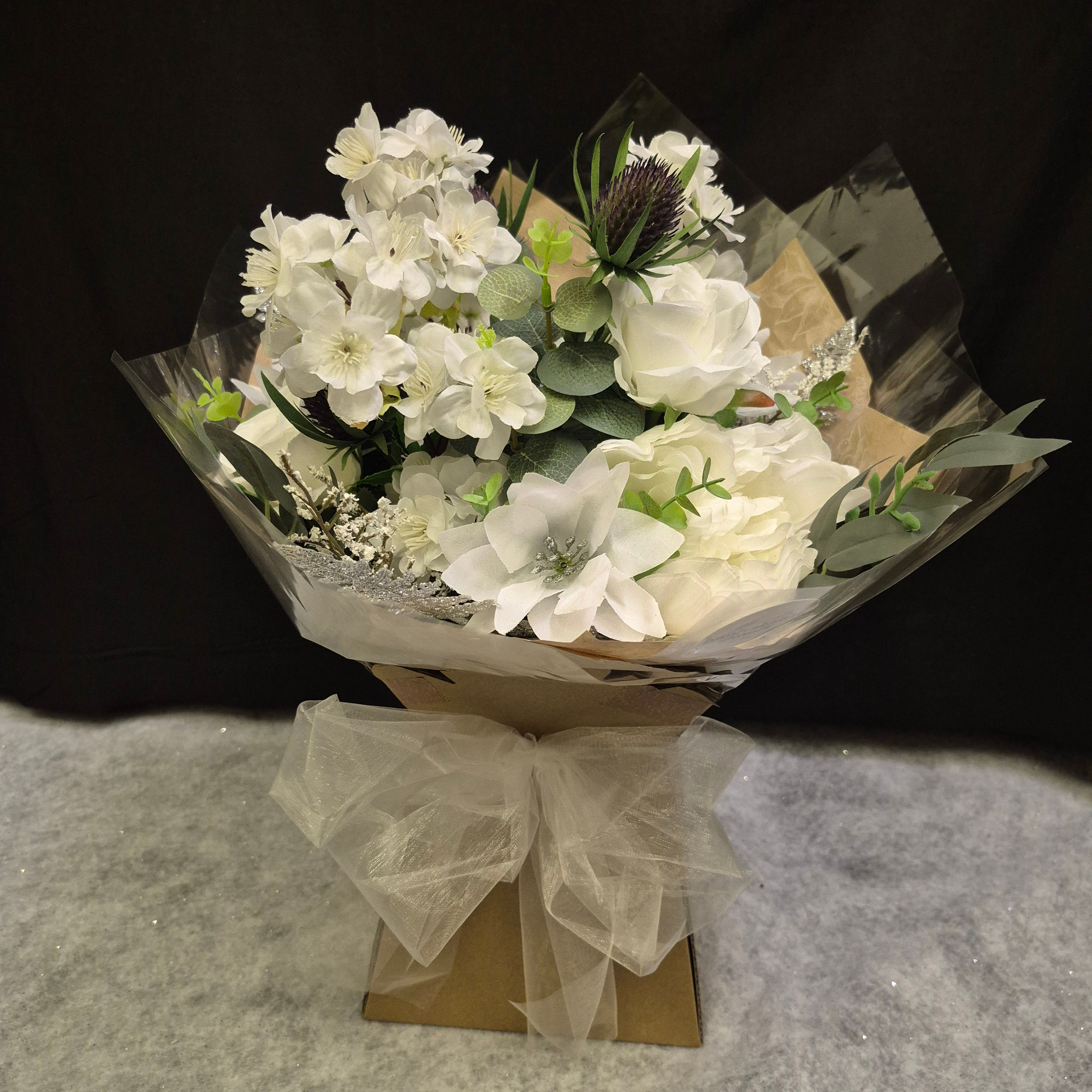 White & Silver With Thistles Hand Tied Bouquet