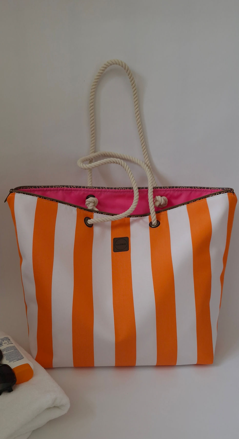 Thumbnail: Large water resistant beach bag, Tangerine and white stripe with animal print