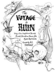 A collage of skull, candle, pirate ship and other things, drawn in ink