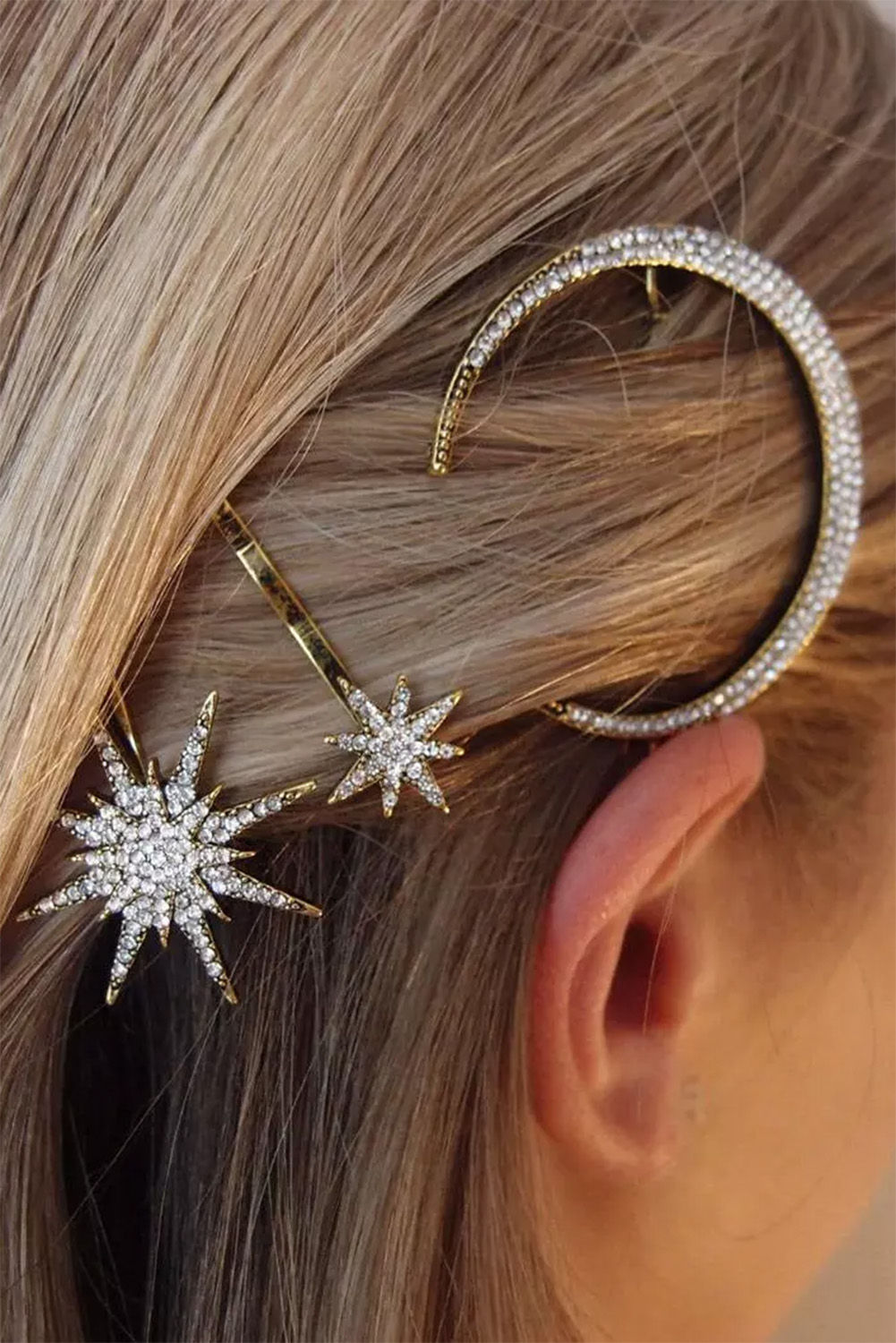 Gold Moon Star Snowflake Rhinestone Hairpin