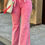 Thumbnail: Pink Flare Leg High Waist Front Knot Casual Jeans