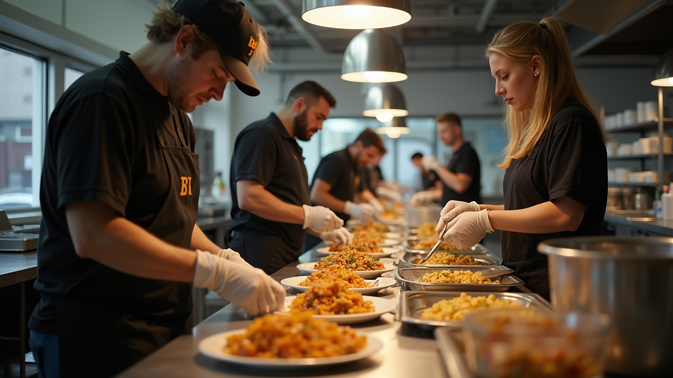 Eye-level view of volunteers serving food at the Friday Night Community Kitchen