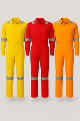 Three flame-resistant industrial coveralls from Buller Workwear in yellow (APEX for breathability), red (Dalamid 4 for durability), and orange (Lightspark for moisture-wicking), displayed on neutral background to showcase specialized FR fabric lineup