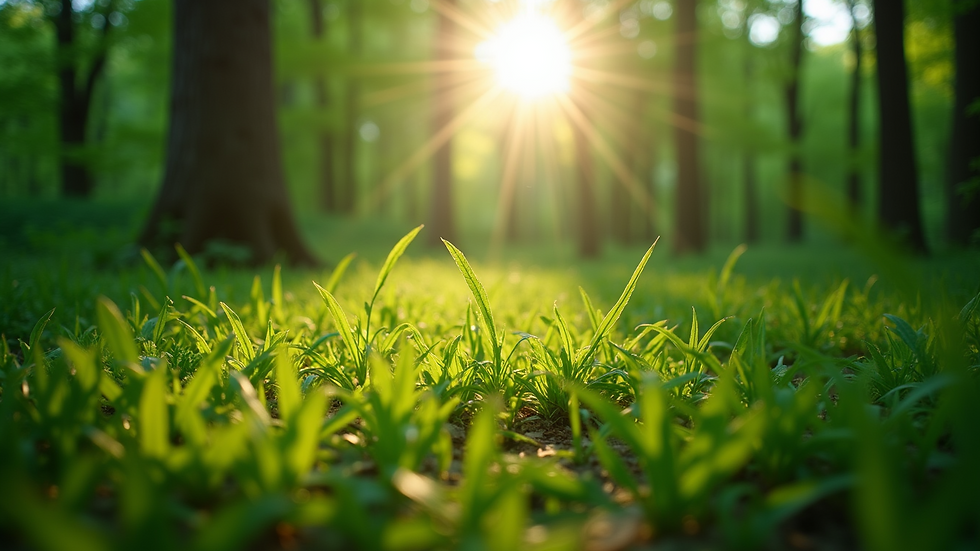 Eye-level view of a lush green forest with sunlight filtering through the leaves