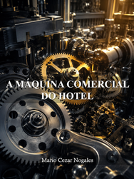 Capa do livro "A Máquina Comercial do Hotel", de Mario Cezar Nogales, com ilustração de engrenagens industriais douradas e prateadas simbolizando a máquina comercial hoteleira.