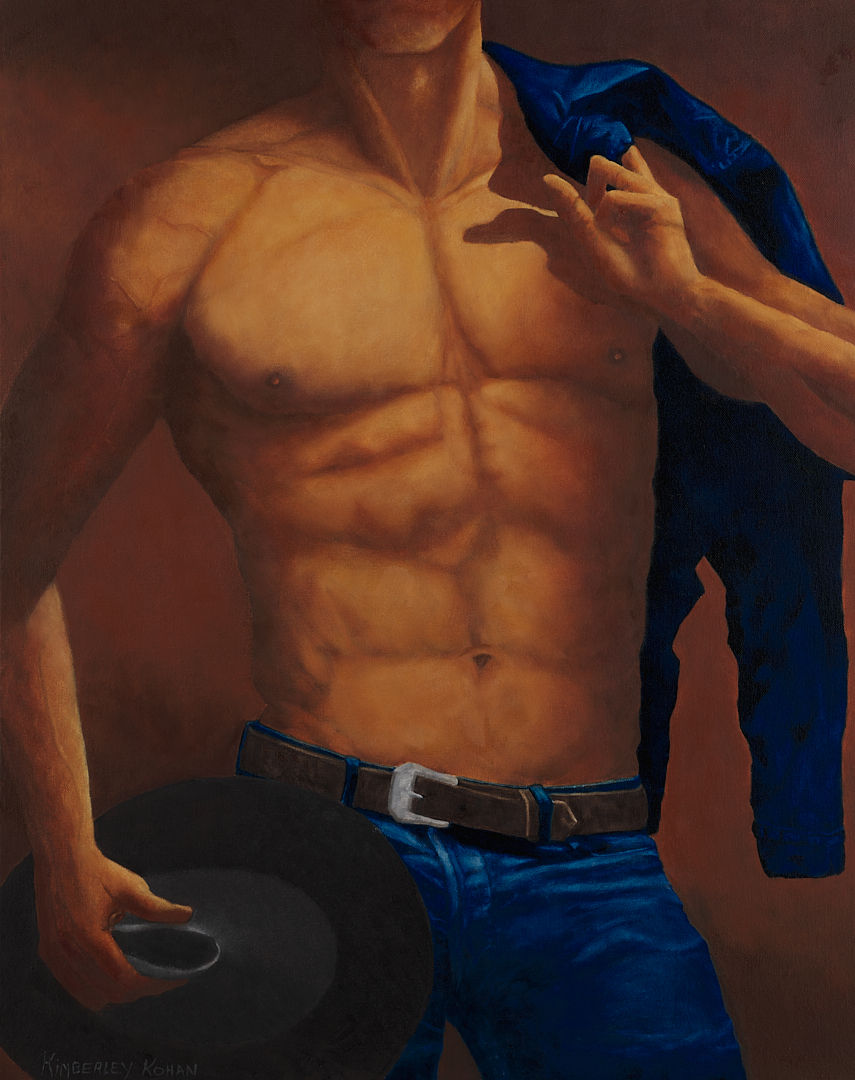 Hot (Hat, Jacket and Jeans), Oil Painting, 61cm x 76cm, 24" x 30", Kimberley Kohan, Artist, Nude Paintings, Sensual Artwork