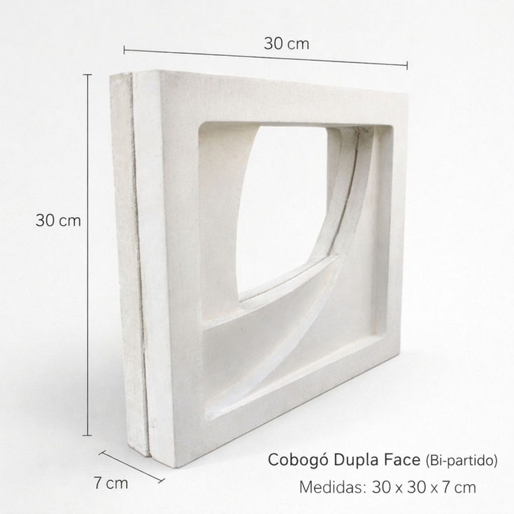 Cobogó de concreto modelo Dupla Face, peça vazada geométrica com design curvo interno, acabamento em concreto aparente