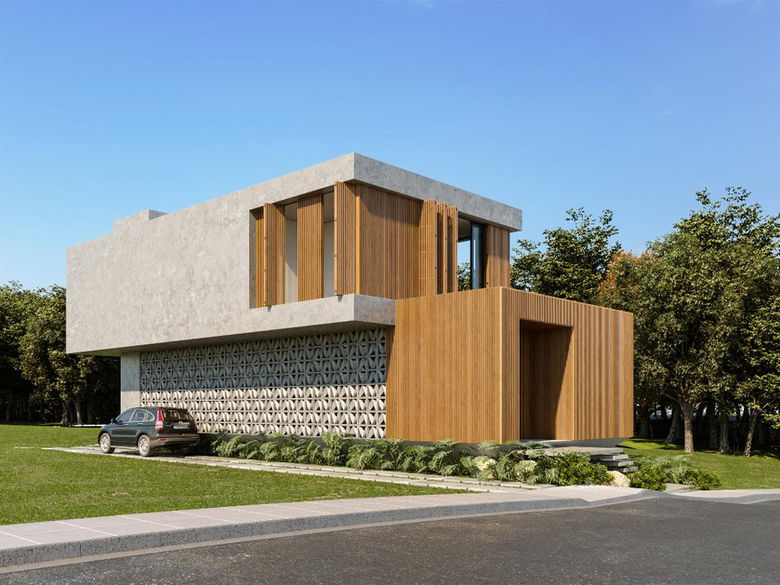 Fachada residencial com parede de cobogó de concreto V integrada à arquitetura em madeira.
