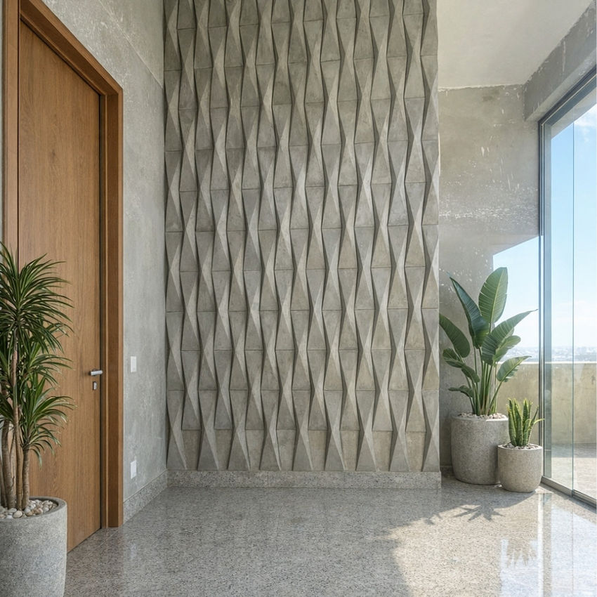Revestimento Línea 3D em concreto aplicado em fachada moderna