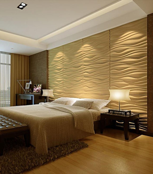 Revestimento de concreto ondulado aplicado em parede de quarto de luxo com painel decorativo 3D e iluminação indireta