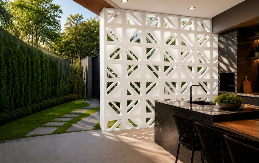 Comprar cobogó de concreto branco em área gourmet moderna com parede arquitetônica vazada e iluminação natural
