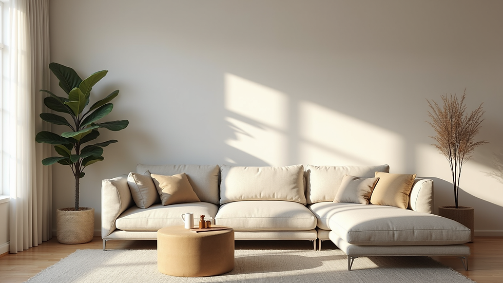 Eye-level view of a beautifully staged living room with neutral tones and natural light
