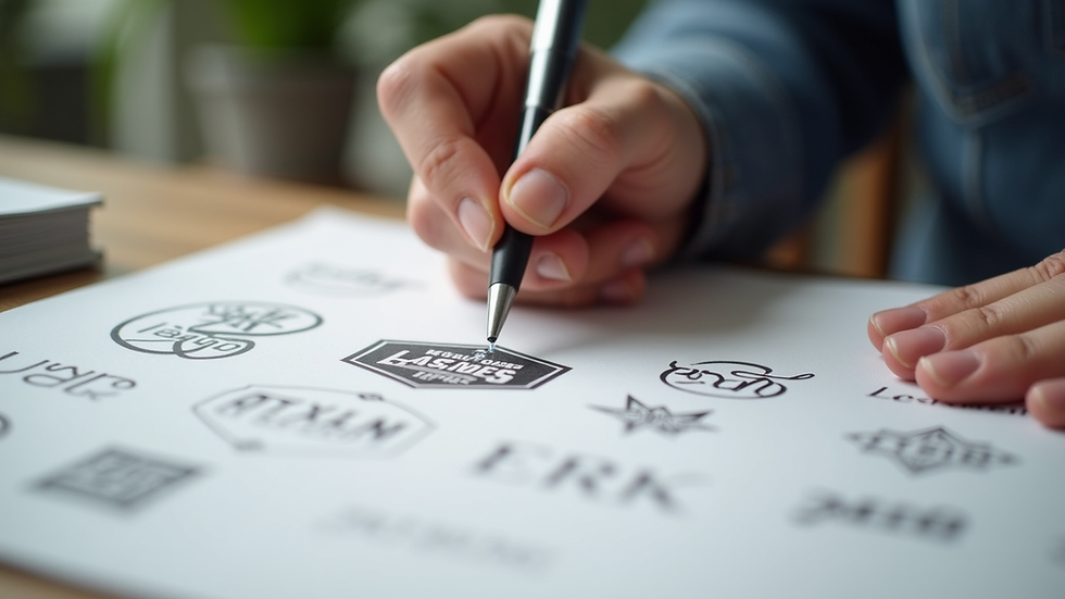 Eye-level view of a designer sketching brand logos on paper