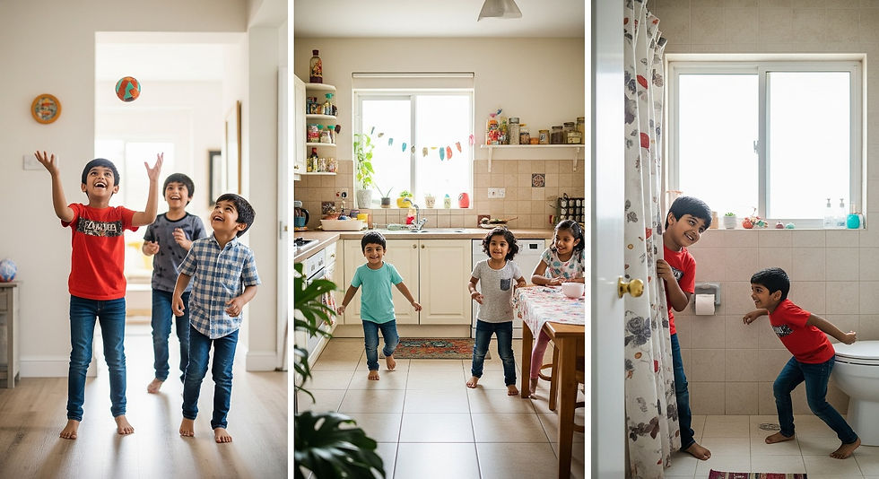 The children plying indoor in different areas of the house