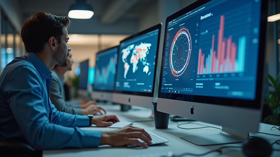 Eye-level view of a modern office with data analytics on computer screens