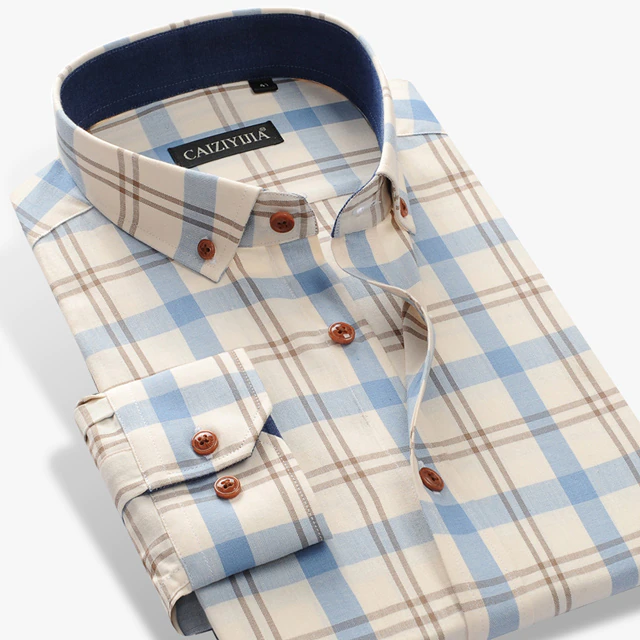 Thumbnail: Men's 100% Cotton Long Sleeve Contrast Plaid Checkered Shirt Pocket-Less Design