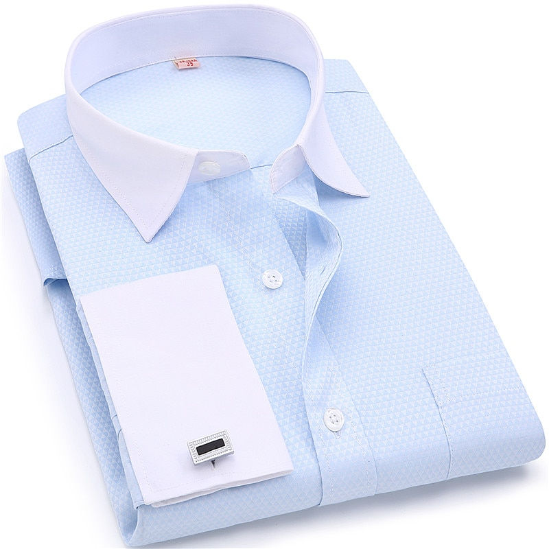 Thumbnail: Men French Cufflinks Shirts White Collar Design Solid Color Jacquard Fabric Male