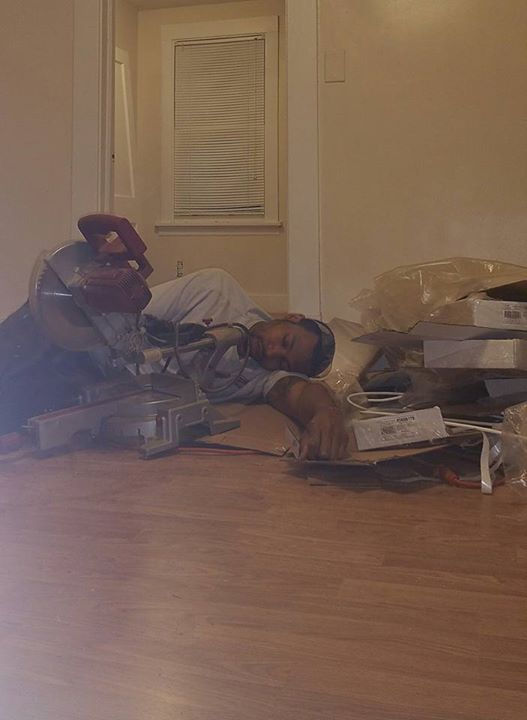 When you're so tired of doing flooring that you sleep wherever lol