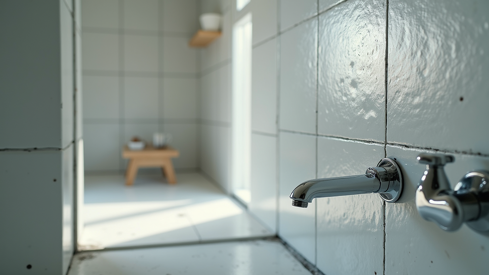 Close-up view of bathroom tiles and fixtures being installed