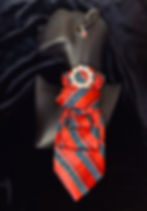 Red and blue striped tie with white flower adornment on black background.