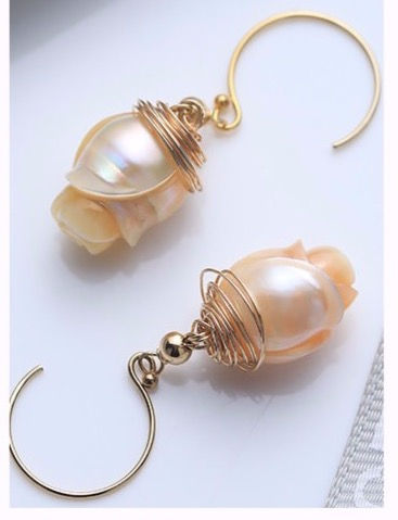 Thumbnail: Carved Rose Pearl Ear Hook Earrings