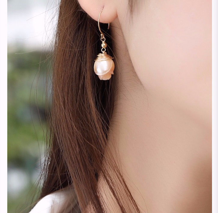 Thumbnail: Carved Rose Pearl Ear Hook Earrings