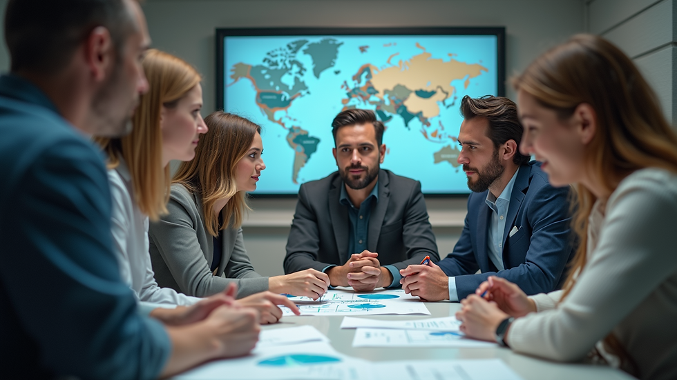 Wide angle view of a team brainstorming over a digital design