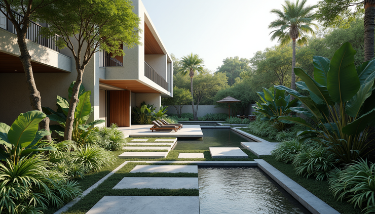 Eye-level view of a digitally rendered luxury garden design with tropical plants and stone pathways