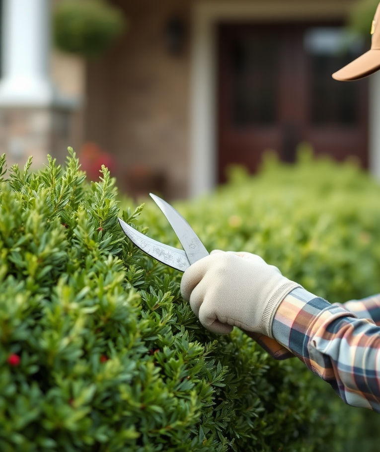 High angle view of a professional gardener trimming hedges with electric shears