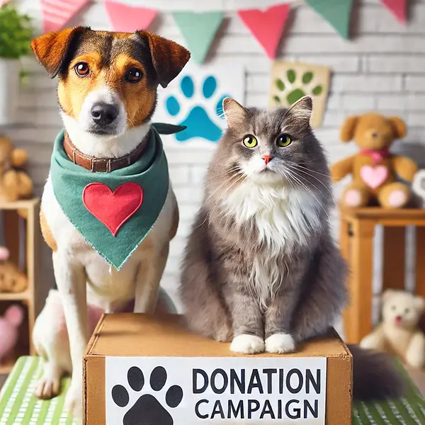 DALL·E 2024-11-02 15.15.49 - A heartwarming scene of a dog and a cat together at a donatio