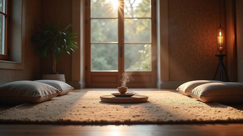 High angle view of a peaceful meditation corner with cushions and incense